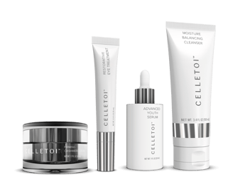 a group of cosmetics products including a bottle of cream