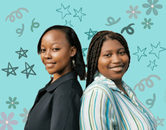 two female entrepreneurs standing next to each other in front of a branded background