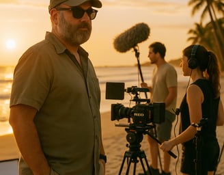 Rodrigo Delgado y su equipo grabando en la playa con cámara RED y micro de pértiga al atardecer