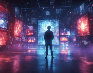 a man standing in front of a large screen with multiple screensavers