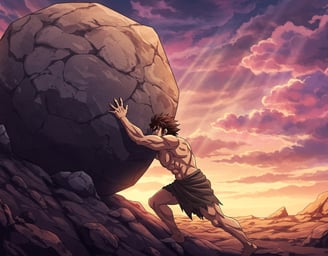 a man, Sísifo, is climbing a rock face down a hill