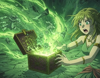 a woman, Pandora, holding a box with a green light coming out of it