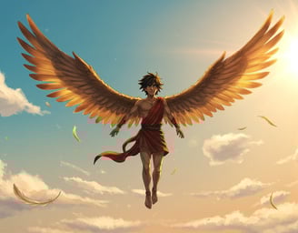 a man, Ícaro, in a red dress flying through the sky