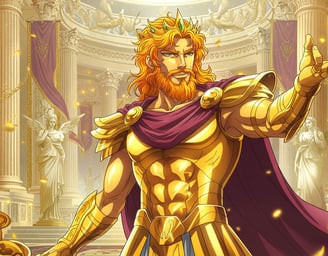 a man, king Midas, in a golden armor suit with a golden crown