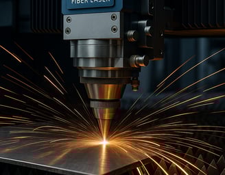 High-power fiber laser cutting through stainless steel.