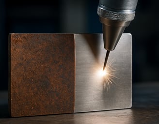 Laser cleaning removing rust and revealing clean metal surface.