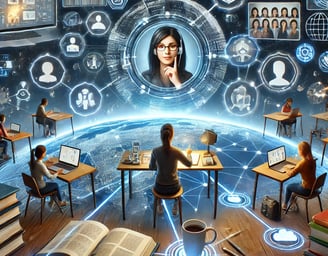 A futuristic online classroom with students learning through holograms and digital screens.