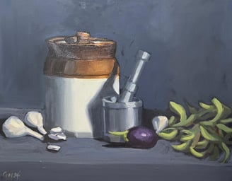 A still life painting of simple household objects painted using traditional painting techniques