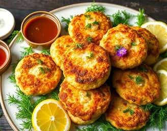 crispy lemon crab cakes with garnish and dipping sauces