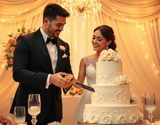 newlyweds cutting their wedding cake