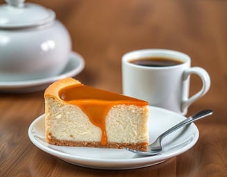 Salted caramel cheesecake with a cup of coffee