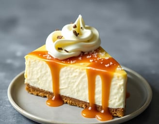 salted caramel cheesecake with whipped topping and sea salt