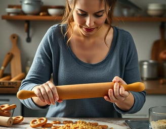woman crushing pretzels with a rolling pin