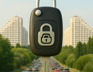 Chei auto în prim plan, simbol al serviciului mobil în zone urbane din Moldova