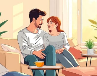 a man and woman sitting on a couch in a living room