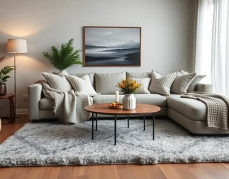 cozy living room with area rug and a couch with throw pillows