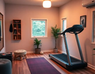 a cozy well lit small home gym with a mirror, a yoga mat, a treadmill.