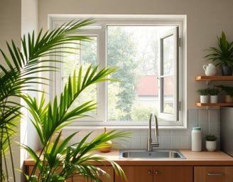 kitchen with plants and an open window