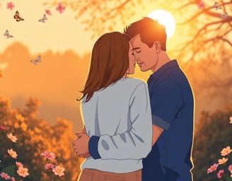 a couple of people standing in front of a sunset