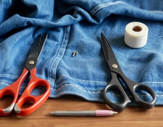 a pair of scissors and blue jeans on a table