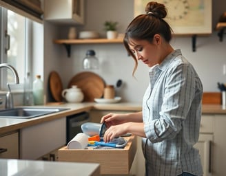 woman cleaning out a junk drawer in the kitchen
