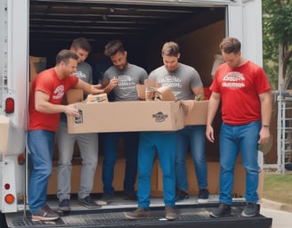 a group of men standing in a moving truck