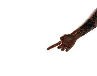 tattoed arm of a woman pointing to the CTA button