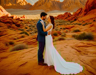 a bride and groom standing on a desert