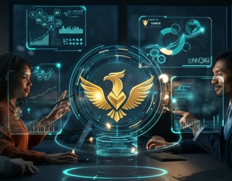 Verve Phoenix: Professionals collaborating in a high-tech office with holographic displays highlighting innovation