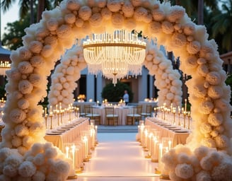 Breathtaking luxury event decor setup featuring elegant floral arches, golden accents, and premium table designs by Las Carol