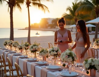 Elegant luxury event planning scene featuring acrylic tables, gold Chiavari chairs, white and blush floral arrangements, and