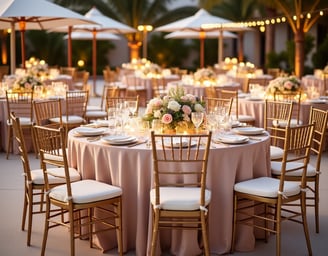 Elegant setup showcasing luxury furniture rentals, including gold Chiavari chairs and acrylic tables, for high-end events org