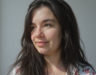 a woman with long hair and a flowered shirt