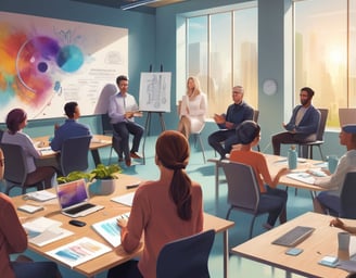a group of people sitting around a table with a presentation