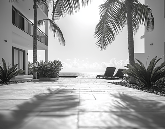 Hôtel générique standardisé en noir et blanc – architecture moderne sans identité dans un contexte caribéen