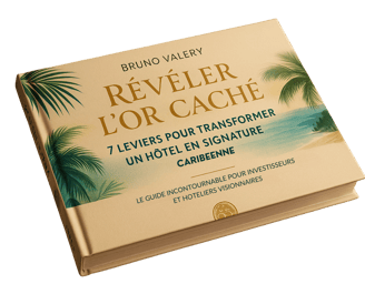 "Mockup du livre blanc ‘Révéler l’Or Caché’ posé sur une table élégante, couverture aux teintes chaudes et évocatrices de
