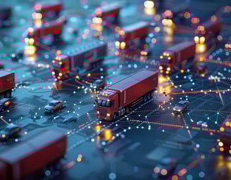 Digital illustration of connected delivery trucks representing an efficient and extensive supplier n