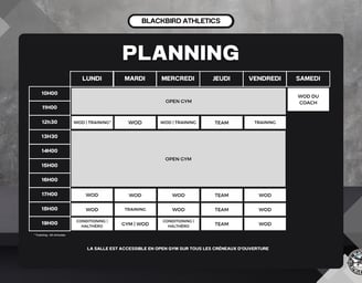 Planning d'ouverture et horaires des cours de Blackbird Athletics. Ouverture 10h à 20h en semaine.