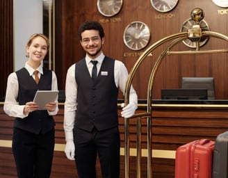 Rekrutacja pracowników hotelu – recepcjonistka i pracownik obsługi gotowi do pracy