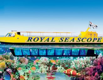 Underwater observation deck viewing Red Sea coral reefs in Hurghada.