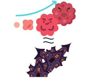 a cartoonish halloween themed illustration of spooky cells and spooky house