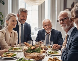 elder business men discussing their day with their middle aged  profecianal children