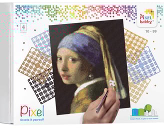 An art game box showing the creation of Girl with a Pearl Earring using pixel squares
