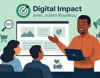 Illustration d’un consultant digital dynamique présentant ses services en ligne à 2 clients