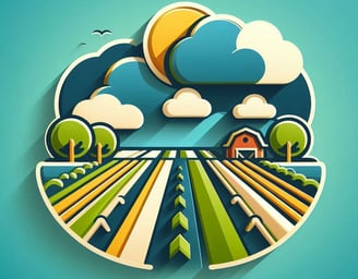 un paisaje con sol y nubes predominando colores azul y verde