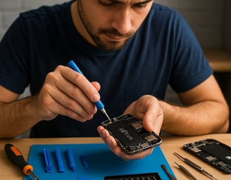 <img src="tecnico-consertando.jpg" alt="Técnico consertando celular em bancada com ferramentas">