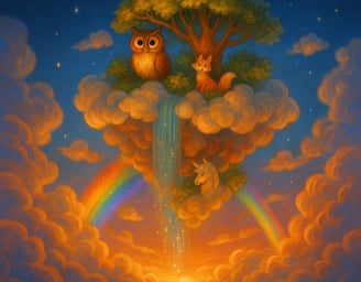 a painting of two owls sitting on a rainbow - colored background