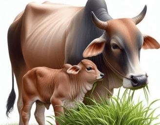 a cow and her calfer are standing in the grass