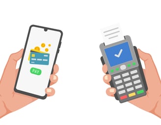 a person holding a cell phone with a credit card