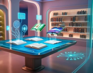 Futuristic tech library where human intelligence connects with digital knowledge